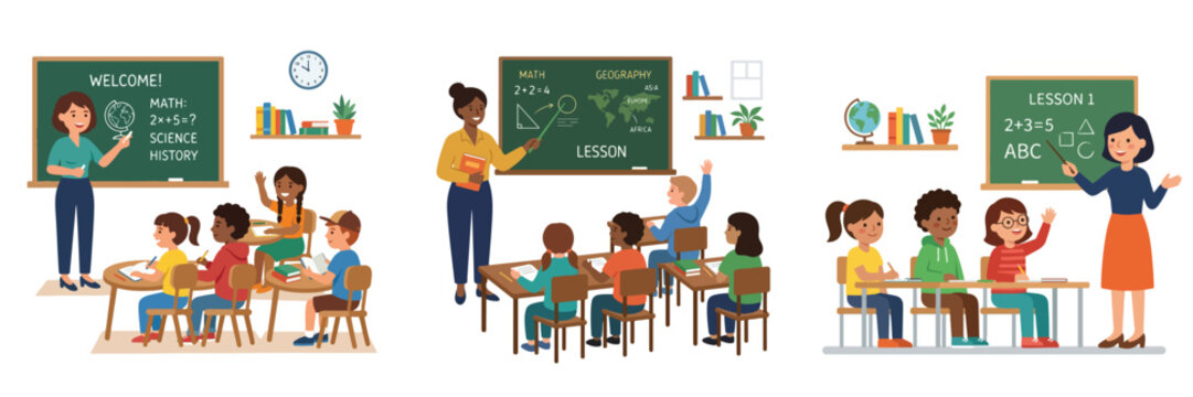 Diverse primary school classrooms with teachers and students learning math and science at desks by blackboards