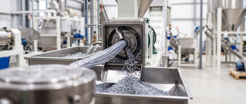 Plastic pellets extrusion machine in industrial factory production line for polymer manufacturing and processing