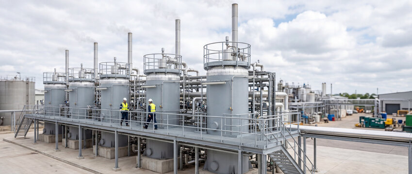 General view of the plastic pyrolysis plants against the backdrop of the open sky