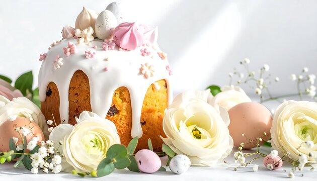 Colorful Easter eggs and spring flowers arrangement.