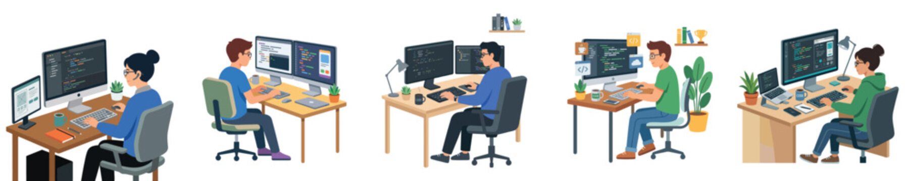 Diverse programmers and software developers diligently working at their desks with multiple monitors, illustrating modern IT workplace environments and focused professional coding tasks