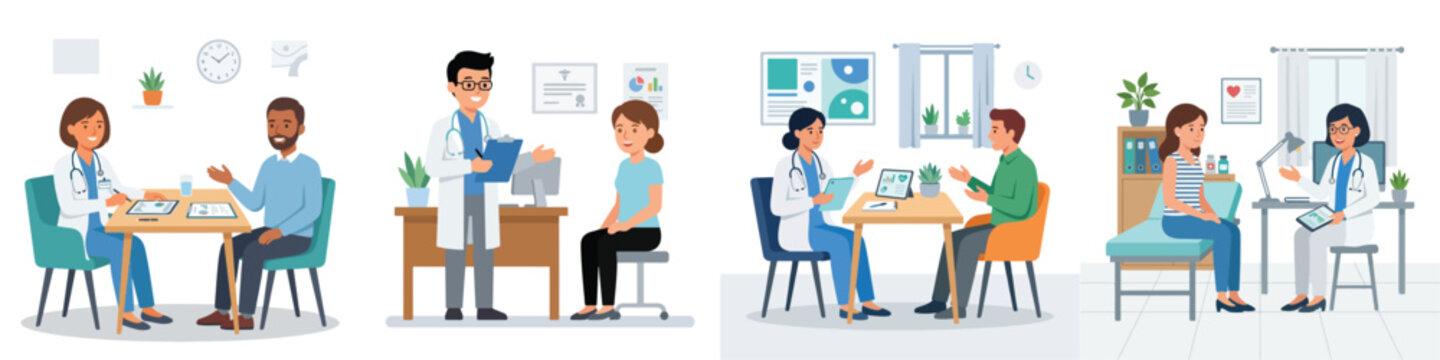 Illustrations depicting medical consultations between doctors and patients, focusing on healthcare interactions and well-being