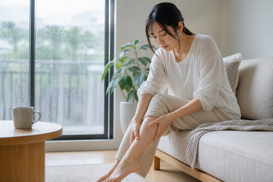 ソファでふくらはぎを揉む梅雨むくみの女性