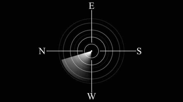 Futuristic Radar Screen Interface Scanning Loop with Compass Cardinal Points N E S W, White HUD Elements on Black Background for Navigation, Sonar Tracking, and Sci-Fi Tech