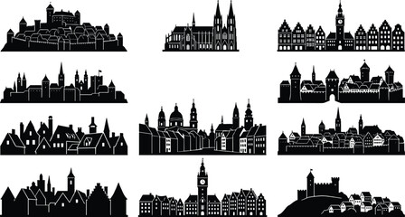 Obraz premium Medieval European Cityscape Silhouette Vector Set with Castles and Cathedrals