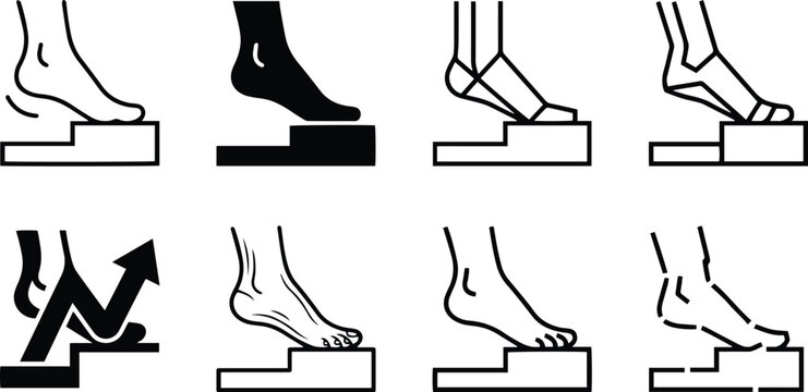 Human foot stepping up stairs step icon collection showing progress career advancement stage development taking action and strategic movement illustrations