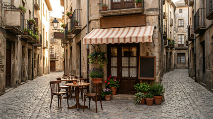 Obraz premium Charming European cafe scene, simple wooden chairs, soft shadow patterns on pavement, peaceful city corner