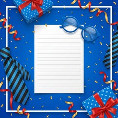 Obraz premium Father's Day Celebration: Gifts, Ties, Glasses, and Confetti on Blue Background with Lined Paper