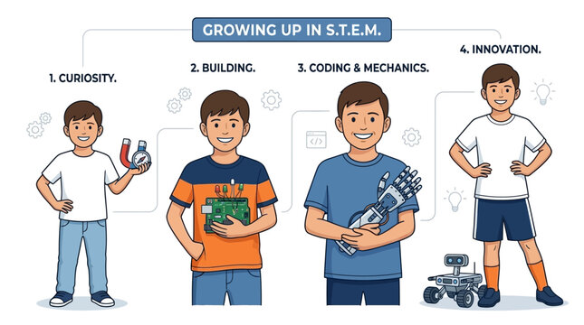 Conceptual vector illustration depicting a child's developmental journey through science, technology, engineering, and mathematics education, fostering innovation