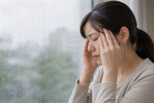 雨窓の横で両手でこめかみを押さえる女性