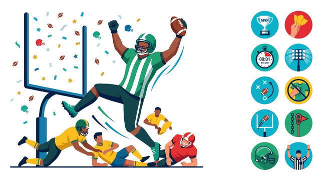 Excited American football players celebrating a triumphant touchdown on the field, surrounded by confetti, highlighting the joy of victory during an intense game