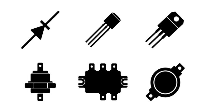 Electronic Components Vector Icons: Transistors, Diodes, Rectifiers, Semiconductors, Circuitry Elements