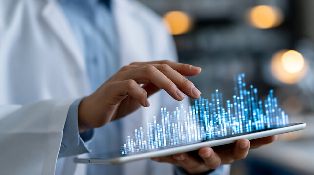 healthcare professional analyzing digital data visualization on tablet, futuristic medical technology ai health concept