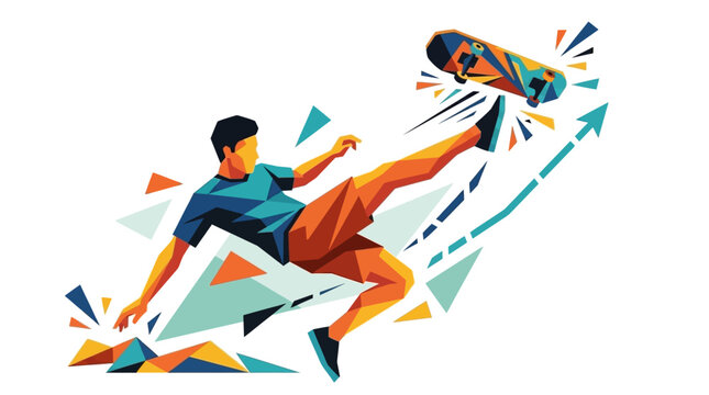 Young man performing a kickflip on a skateboard with abstract geometric shapes and upward arrows