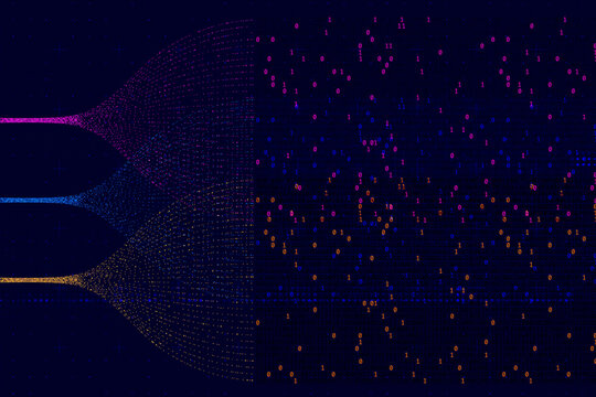 Abstract digital data flow visualization with binary code, particle streams and network waves on dark technology background. Big data processing, AI analytics, cybersecurity and cloud computing.