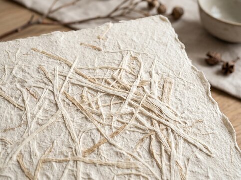 Cream color handmade paper with visible texture, ideal for craft and background design. Natural and sustainable beige artwork concept. Mulberry fiber sheet template