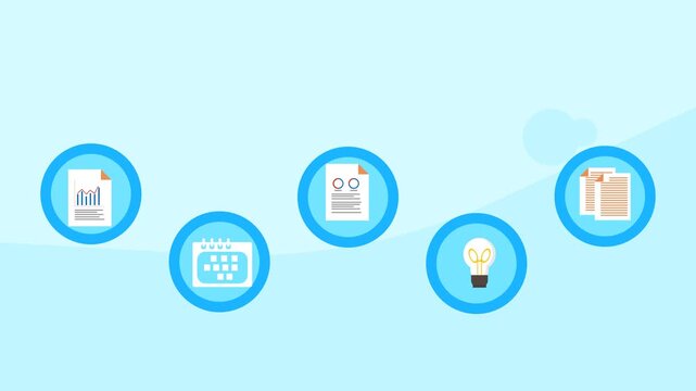 Modern animated business workflow featuring document, calendar, analytics, idea, and business management icons with clean flat design and copy space.