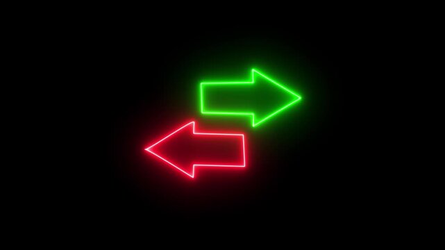 Glowing neon direction right and left arrow icon animation  arrow icon background 4k animation . road sign information traffic signal moving road side sign symbol on black background.4k video .