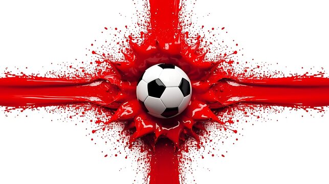 Soccer Ball Centered in Red Paint Splash England Flag Cross
