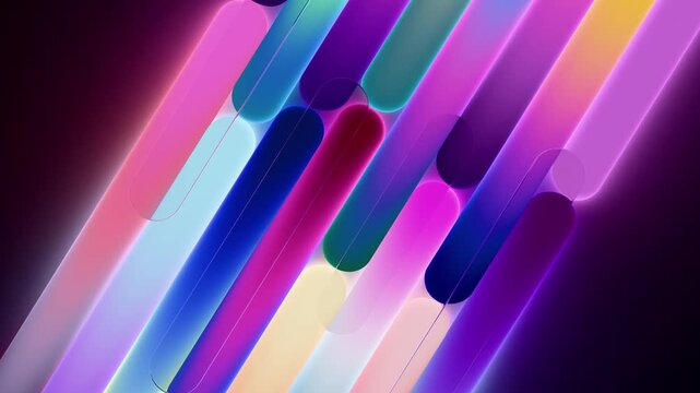 Abstract diagonal glassmorphism capsule tubes neon glowing vibrant colorful motion seamless loop background