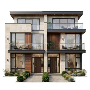 Elegant luxury duplex residence with contemporary stone and wood exterior