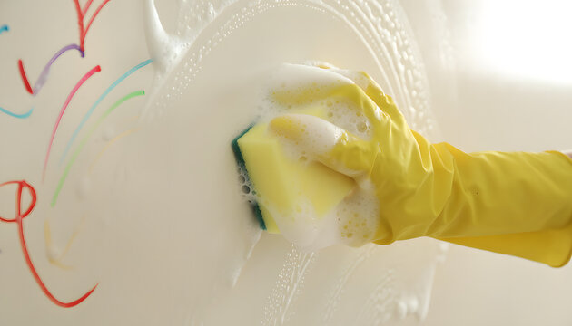 A hand wearing protective gloves erasing bright colorful paint stains from a white home wall using a kitchen sponge, spring cleaning and family home lifestyle concept.