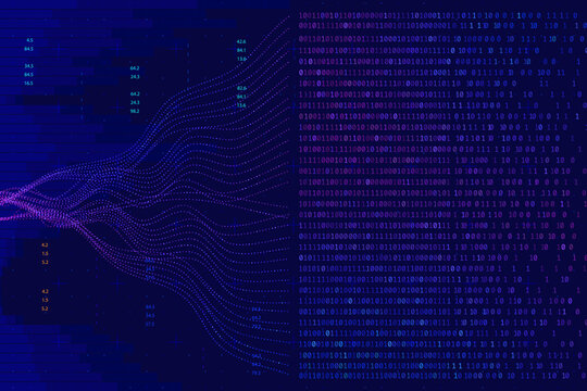 Big data analytics background with digital binary code, information matrix numbers and abstract wave streams. Cybersecurity software network, cloud computing infrastructure and fintech data science.