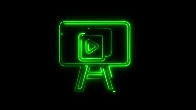 Neon blue glowing video play icon with camera symbol neon Video Camera Icon animation. 4k video animation,live streaming neon text frame animation box .
