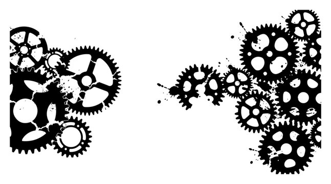 Mechanical gear cogs with grunge textures and ink splatters in steampunk industrial style