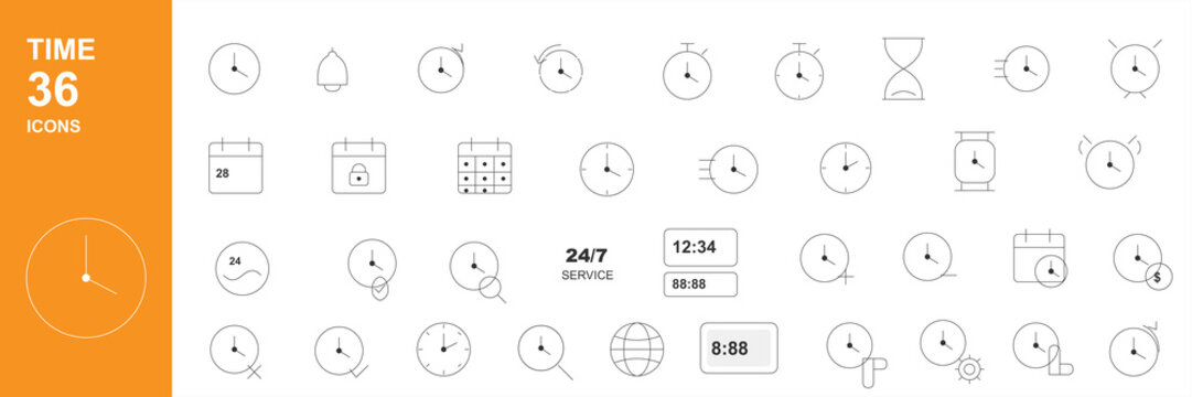 Time Clock Calendar Stopwatch Hourglass Alarm Deadline Date Schedule Timer Countdown Reminder Event Management Icon Set Vector