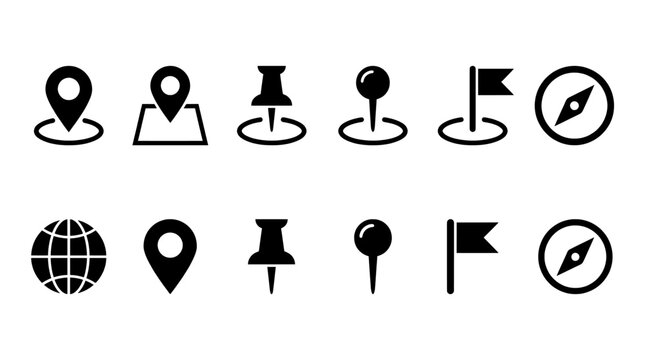 Set of twelve navigation and location featuring map pins, pushpins, flags, compasses, and a globe in both outline and solid black styles