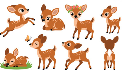 Fototapeta premium Cute baby deer character set with cartoon fawn poses for kids illustrations, woodland animal sticker designs, posters, and children books,