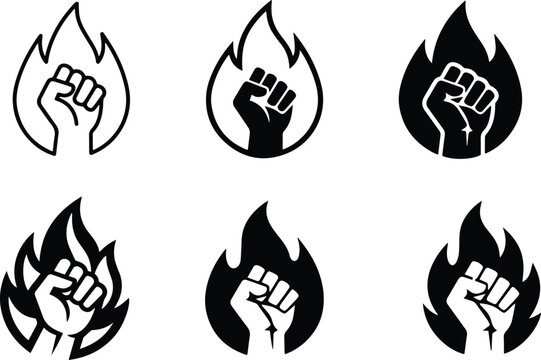 Power fist inside burning fire flame icon set representing strong passion energy revolution willpower determination victory and motivation vector symbols