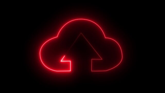 Glowing neon cloud storage with arrows, looped animation. animation. cloud storage with arrows icon animation on the black, background. Cloud space and animation. Cloud space technology, data backup .
