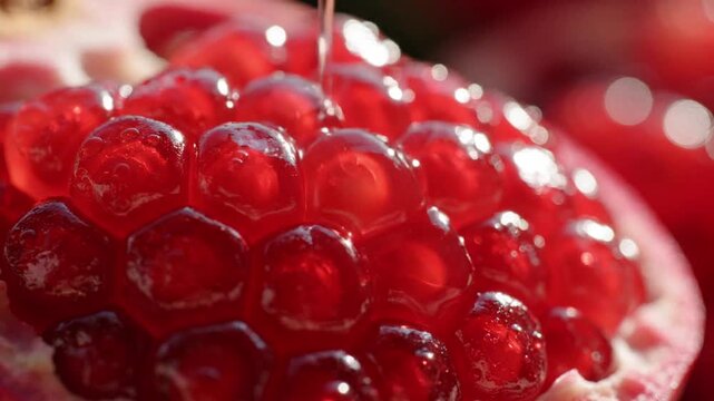Extreme macro video of pomegranate seeds illuminated by sunlight, translucent juicy surfaces sparkling naturally, ultra detailed fruit texture, camera rotating around seed cluster