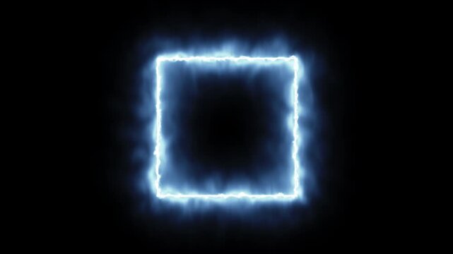 Realistic animated light blue square frame with lightning and smoke effect, neon energy border isolated on transparent background 4K