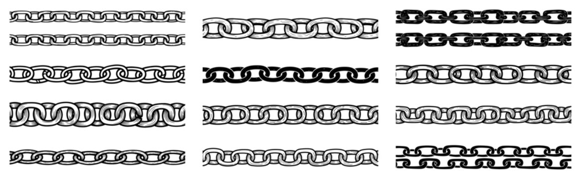 Metal chain link borders collection with various interlocking shapes in hand drawn doodle style