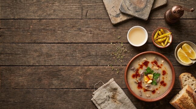 Kelle paca soup top view food photography on wooden background table
