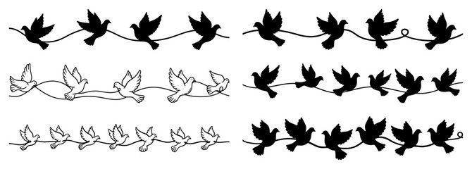 Flying dove bird borders symbolizing peace and freedom in silhouette and line art style © Aisha Kudorova