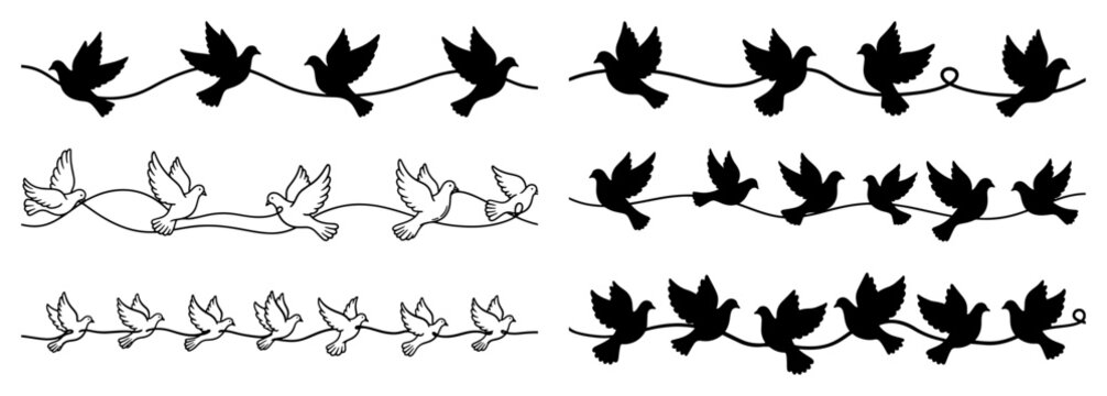 Flying dove bird borders symbolizing peace and freedom in silhouette and line art style