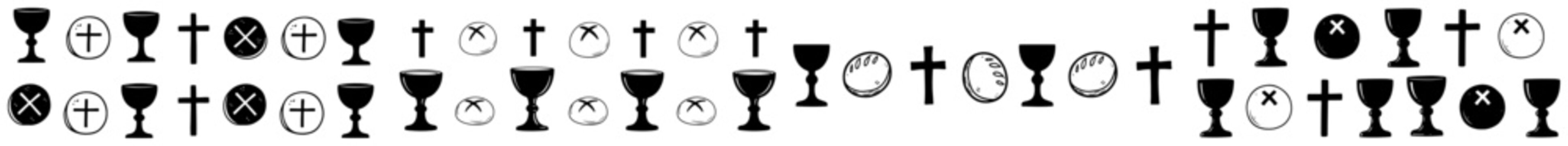 Holy communion chalice cross and bread seamless border pattern in minimalist vector style