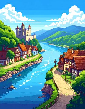 Colorful European village with turquoise river and mountains.