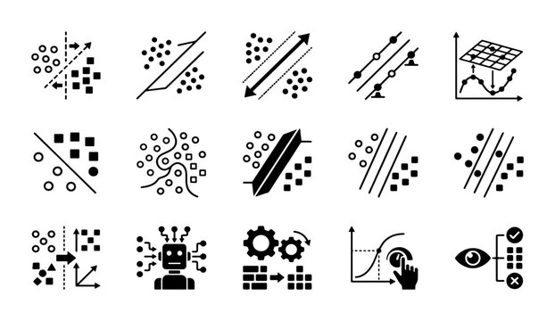 Machine learning icons set, artificial intelligence and data science vector elements, 15 black linear symbols for neural networks and algorithm processing
