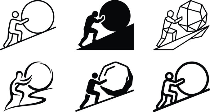 Hard work concept of man pushing heavy boulder up hill showing determination perseverance resilience and overcoming life challenges vector icon collection