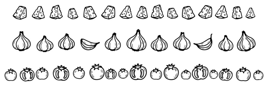 Cheese and garlic and tomato elements arranged in horizontal borders in hand drawn doodle style