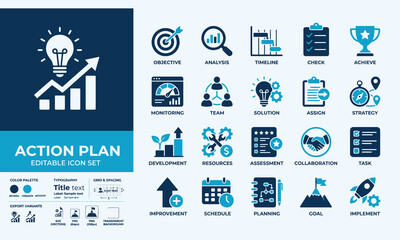 Fototapeta premium Business action plan and project management icon set. Marketing strategy, objective timeline, team collaboration, and growth implementation concepts.
