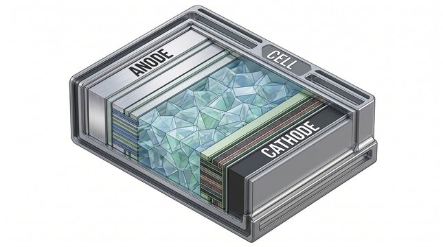 Detailed Isometric Illustration Of An Exploded Lithium-Ion Battery Cell Showing Anode, Cathode, And Electrolyte Layers