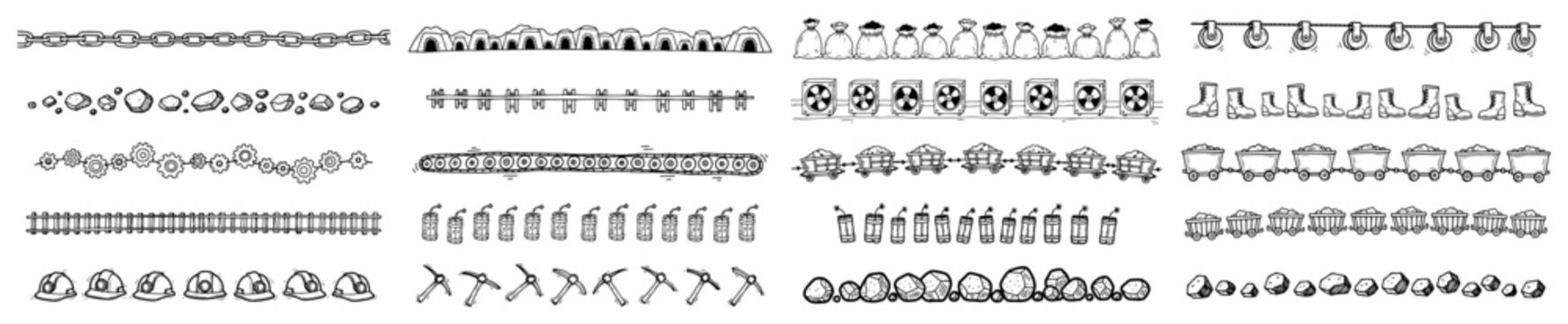 Mining industry symbols horizontal seamless borders set in hand drawn doodle style