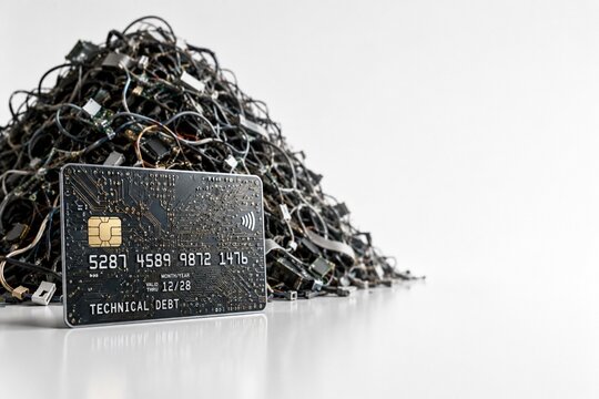 Technical Debt Concept with Circuit Board Credit Card and Hidden Mountain of Legacy Technology