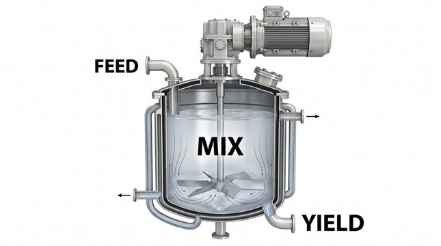 Detailed Cross-Sectional Diagram Of An Industrial Chemical Reactor With Mixing Paddles And External Cooling In An Engineering Illustration Style